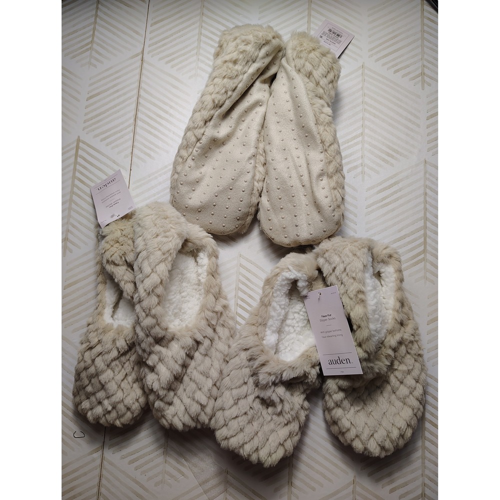 3 pm‎ Auden Women Beige Faux Fur Slipper Socks with Gripper Bottoms M/L 8-10 NWT